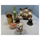 Marbles, oil can, ship, Bell, miscellaneous