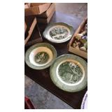 Green scene dishes,blue platter