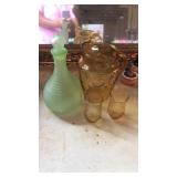 Green Frigidaire bottle,Amber pitcher and glasses