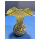 Green swirl hand blown ruffled vase