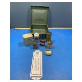 Ridgeville lumber thermometer, Rexall tins,
