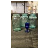 3 ball mason jars w/ cobalt blue wine glass