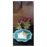 Glass flower vases and china plate