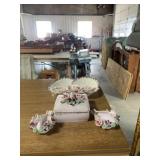 Rose swan figurines, jewelry box, and plate