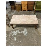 Red marble table with wood legs