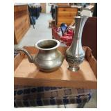 Pewter vase, and hand carved holy water pot