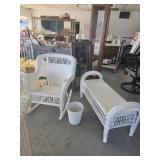 Wicker rocking chair, bench and trash bin