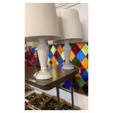 Pair of white hobnail lamps with shades