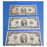 3, 2 dollar bills