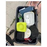 2 huge totes of dishes, food bowls, water bottles