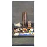 Pig bank, vintage photo slides, glasses and