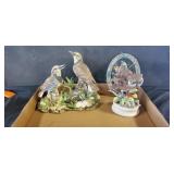 Bird, owl figurines and hummingbird wall hanging