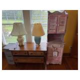 Contents of Bedroom: Antique Oak Dresser - Pivoting Mirror, Captain Chair, Vintage Oak Dresser, (2) Lamps, Small Hutch - Pink/White, Distressed Queen Bed Frame