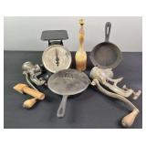 Cast Iron Skillets, Meat Grinders, Scale, & Misc.