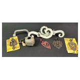Assorted Cast Iron Hooks, Kee-Blok & Metal Handle