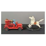 Cast Iron Rocking Horse & Fire Truck Toy