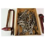 Blacksmith Hammer, Wrenches, Ridgid 12” Pipe Wrench and Pry Bar
