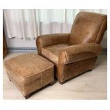 Distressed Leather Chair and Ottoman
