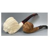 Indian Chief Head White Bowl and Small Wooden Indian Chief Unmarked Smoking Pipes
