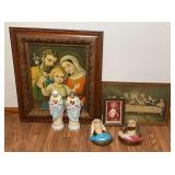 Jesus & Mary Statues, Wall Mount Head Bust, & Framed Art