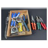 Tin Snips, Maxam Fillet Knife, Screwdrivers, Tape Measures and Misc
