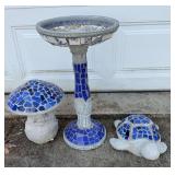 Mosaic Bird Bath, Mushroom Statue, & Turtle Statue