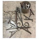 Bucket of Decorative Cast Iron Hooks & Corner Pieces