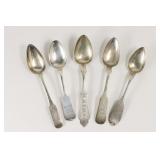5 Misc Coin Silver Teaspoons. William W. White, NY