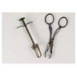 Enameled Silverplate Sugar Tongs & Mechanical Claw