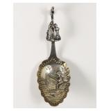 Dutch Silver Caddy Spoon w/Fisherman & Bird