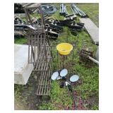 Triangle shelf, wire chair planter and lights