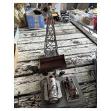 Toy steam engine, windmill, wagon