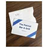 $50 Gift Certificate to The Patriot Bar and Grill