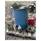 Pallet with poly drum, gas can, etc