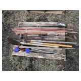 Pallet with Shovels, potato digger, reflectors,