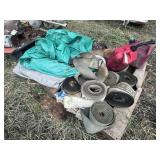 Pallet with Tarps, gas cans, tie-down straps