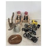 Toy dolls, motorcycles, eagles, etc