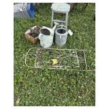Yard decor, watering cans, stool