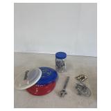 Safety goggles, frisbees, wrench, etc