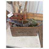 Wooden Crate, White emblem, horse figure, oil lamp