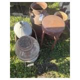 Milk cans, metal stool, galvinized tub, etc