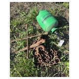 Chains, sprayer, binder and tire iron
