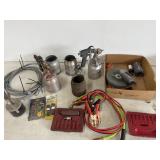 Lot of paint cans, magnet, wire, and clamps