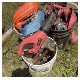 Buckets of Ratchet Straps, Hitch Pins, saw