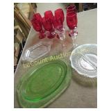 green depression platter assorted glassware