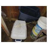 cooler, pail with pea stone, tub