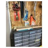 parts bins w contents and misc on wall
