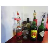 assorted booze bottles w pour spouts and more