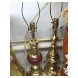 pair brass colored lamps w many misc shades