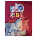 vintage beer patches and Miller cardboard